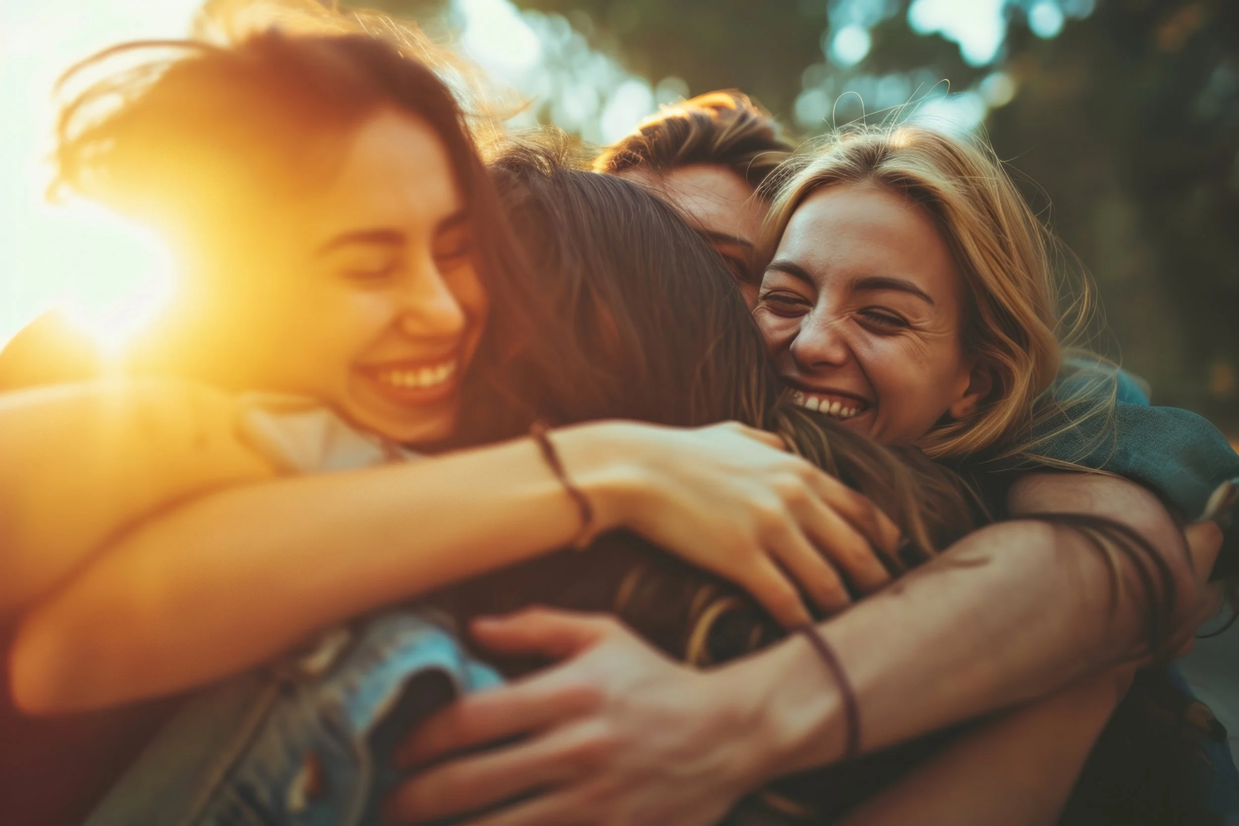Four women hugging each other and smiling outdoors during sunset to emphasize attachment therapy to help with relationship issues.