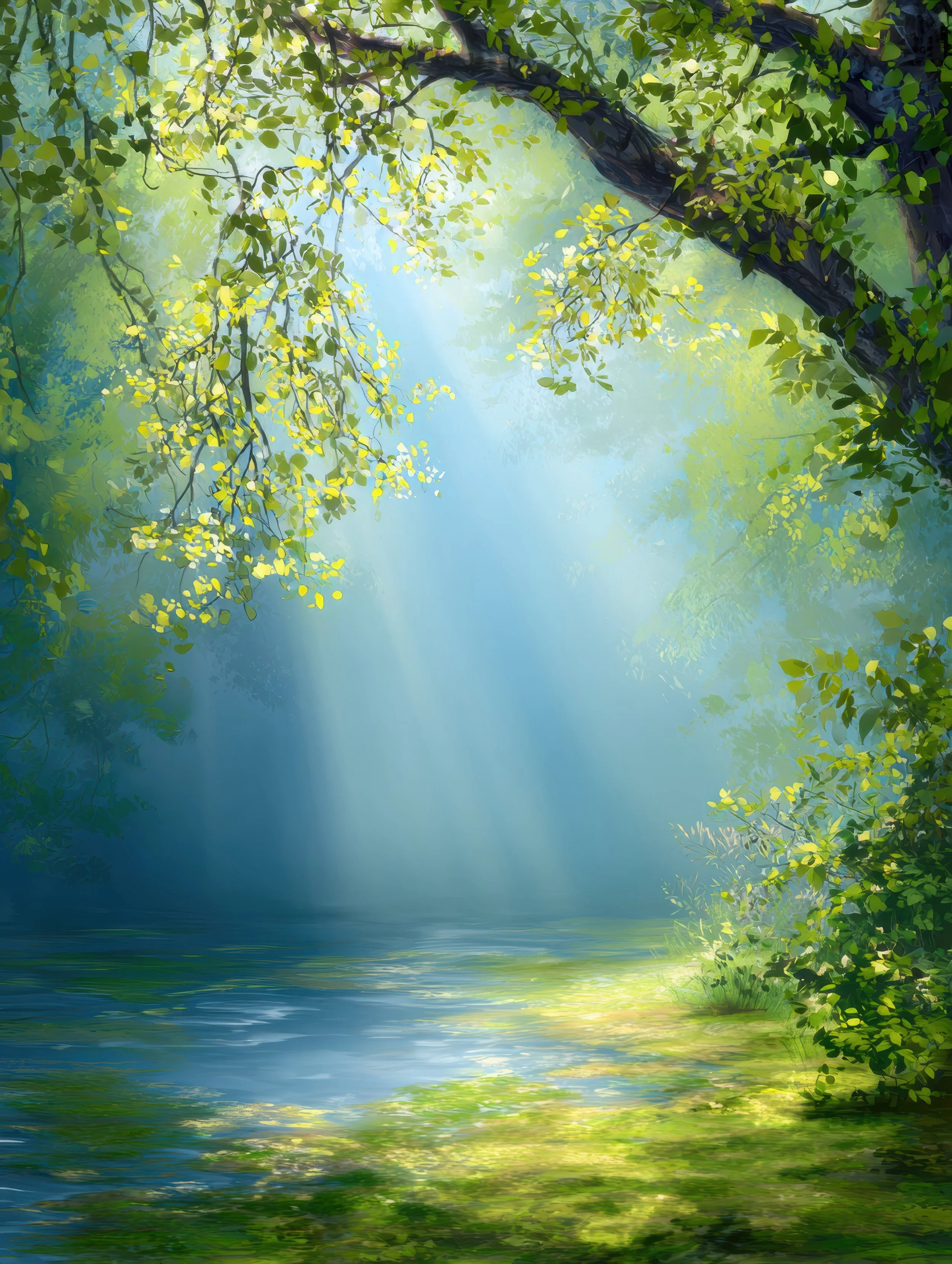 Sunlight filters through green trees over a calm freshwater stream in a lush forest, creating a peaceful scene.