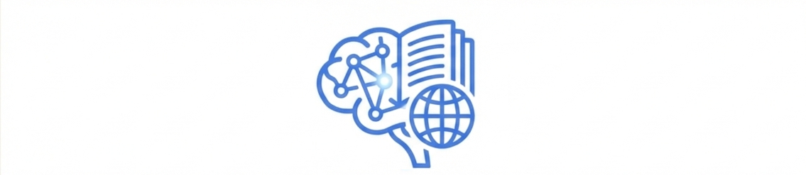 Icon of a brain with connected nodes, a globe, and an open book, representing knowledge and learning.