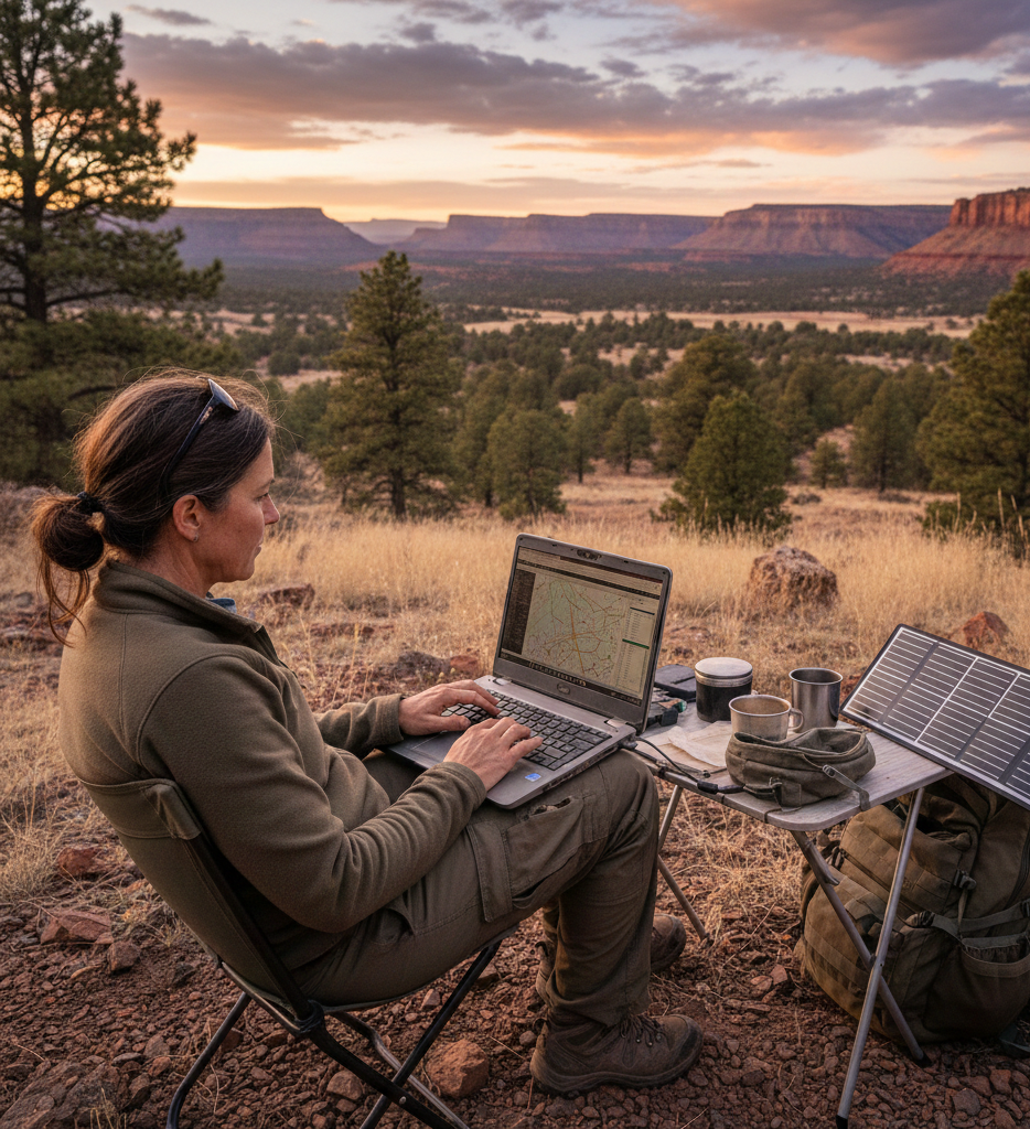 A woman sitting outdoors on a folding chair at sunset, working on a laptop with a map. There are coffee mugs, a small portable solar panel, and a backpack on a small table. The landscape features trees, rocks, and distant mesas.