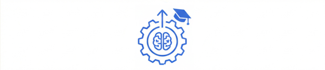 Graphic of a gear with a brain inside, a graduation cap, and an arrow pointing upwards, representing education and innovation.