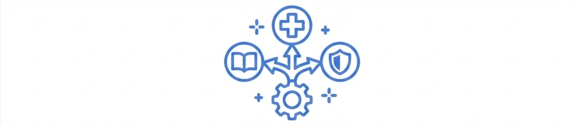 Icons representing healthcare, education, security, and technology interconnected in a digital graphic.