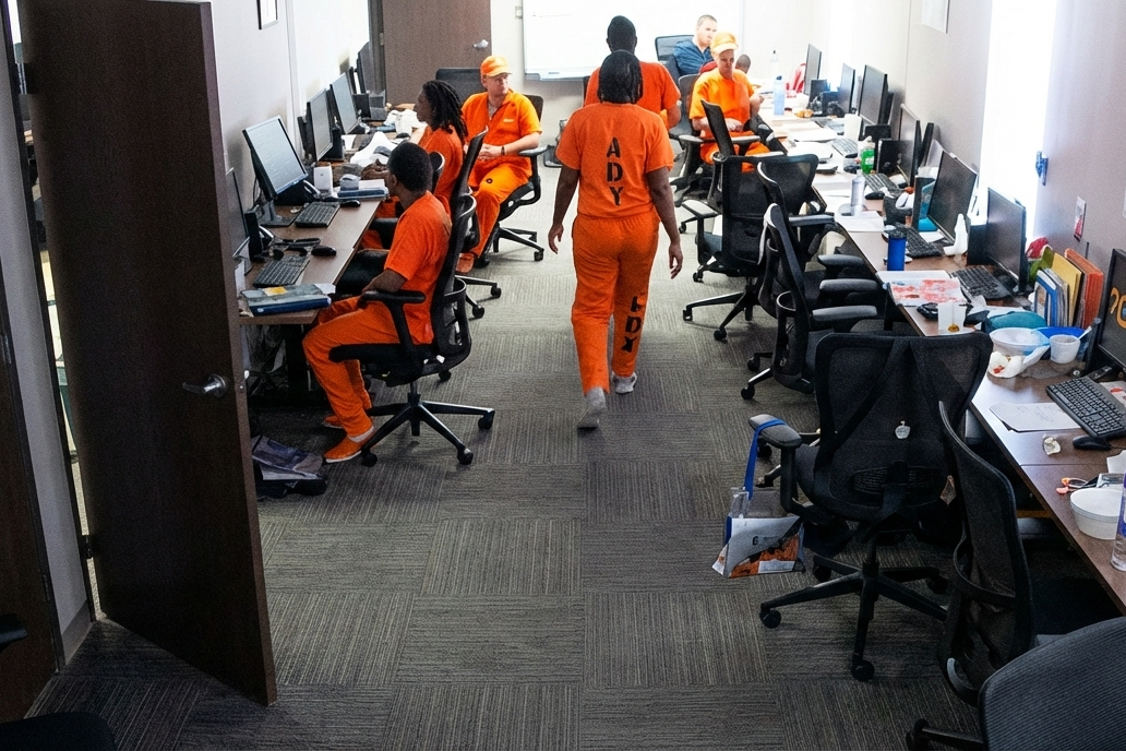 Office room with desks, computers, and chairs. Several inmates in orange uniforms with 'ADY' printed on them are working at computers. One inmate is walking through the aisle.