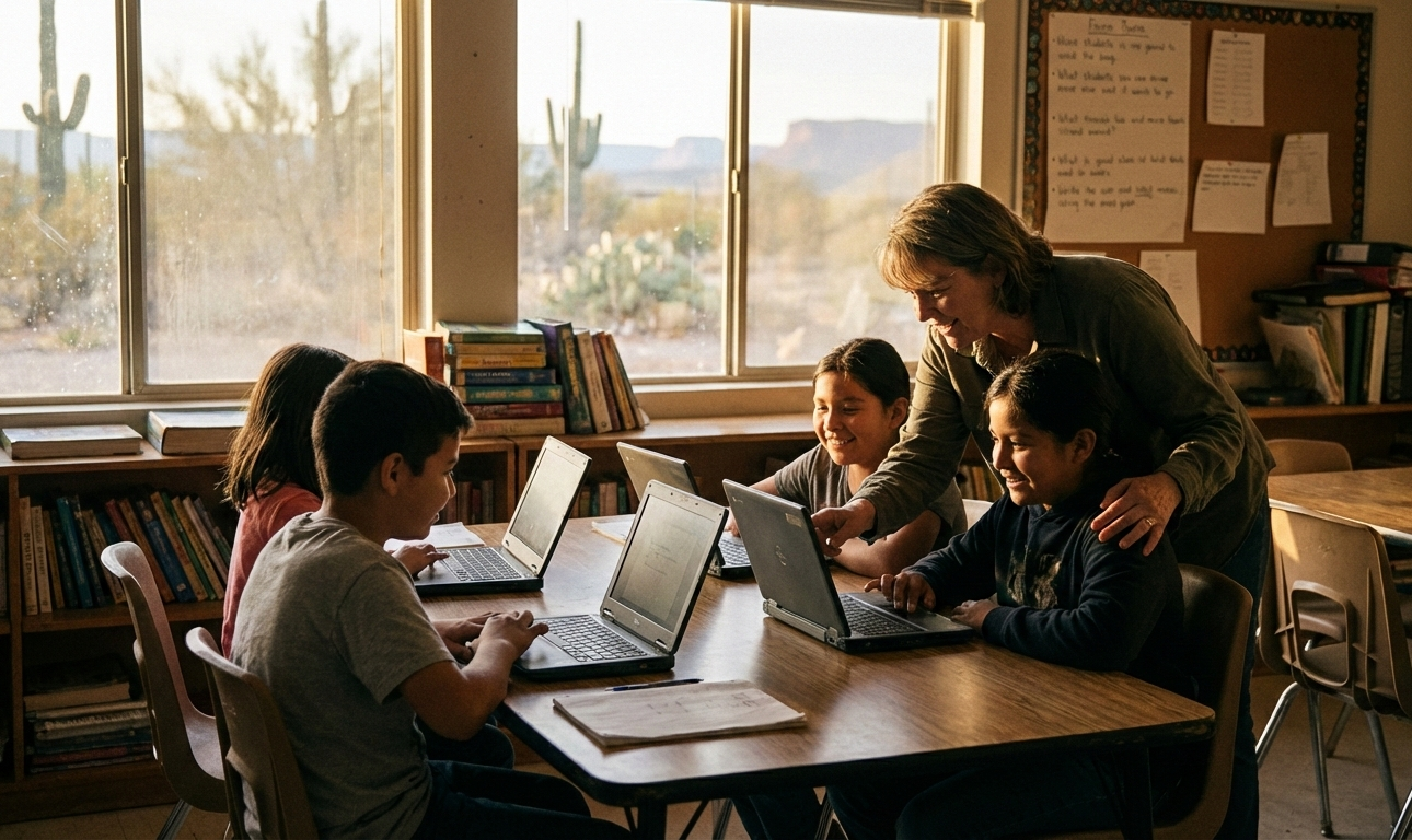 A teacher assisting four students in a classroom with laptops. The classroom has a window showing desert landscape and bookshelves.
