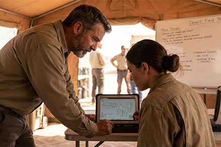 Two people, a man and a woman, working together on a laptop at a desk inside a tent, with a whiteboard and other people in the background.