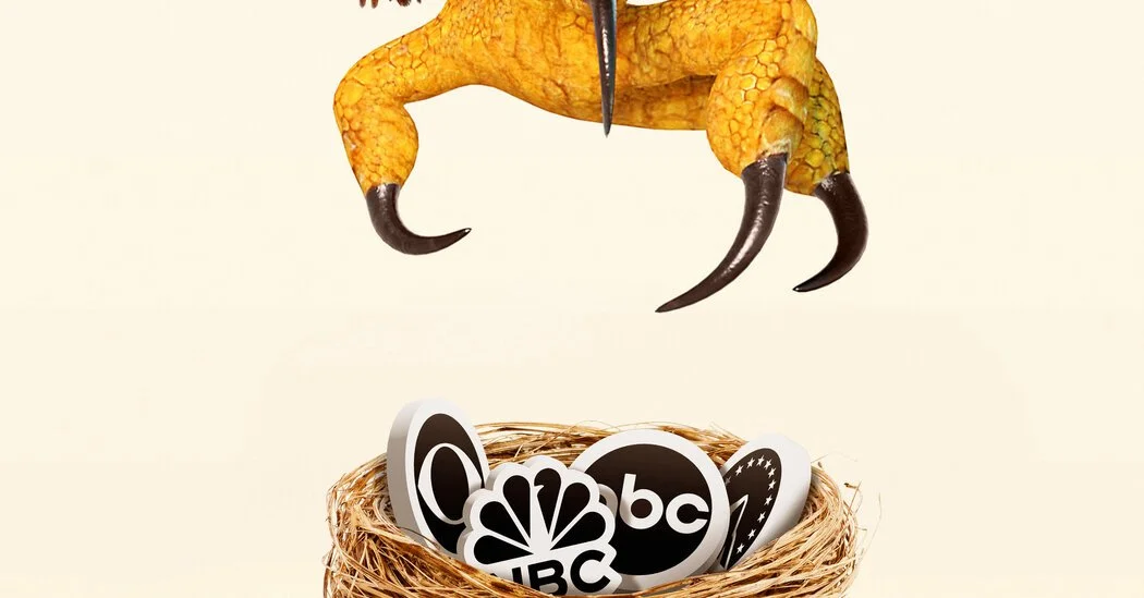 A yellow creature with clawed limbs, resembling a mix of a bird and a reptile, flying above a bird's nest filled with NBC and ABC logos.