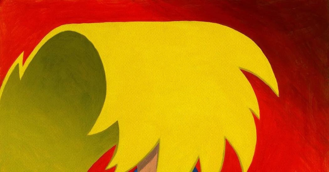 Close-up of a stylized, cartoonish drawing of a character with yellow hair and a green ear on a red background.