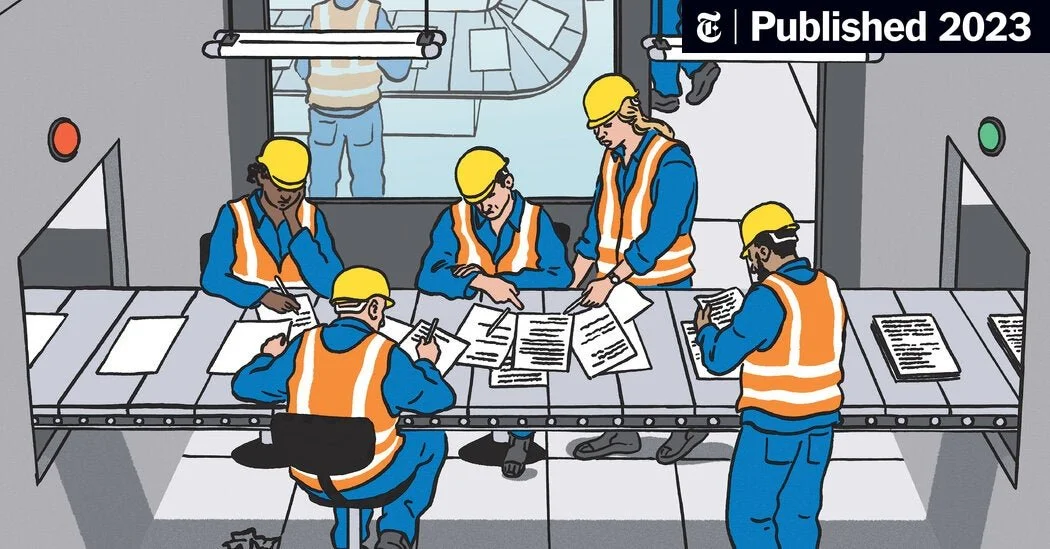 Illustration of five construction workers wearing yellow helmets and orange safety vests working at a conveyor belt with sheets of paper, some standing and some sitting.