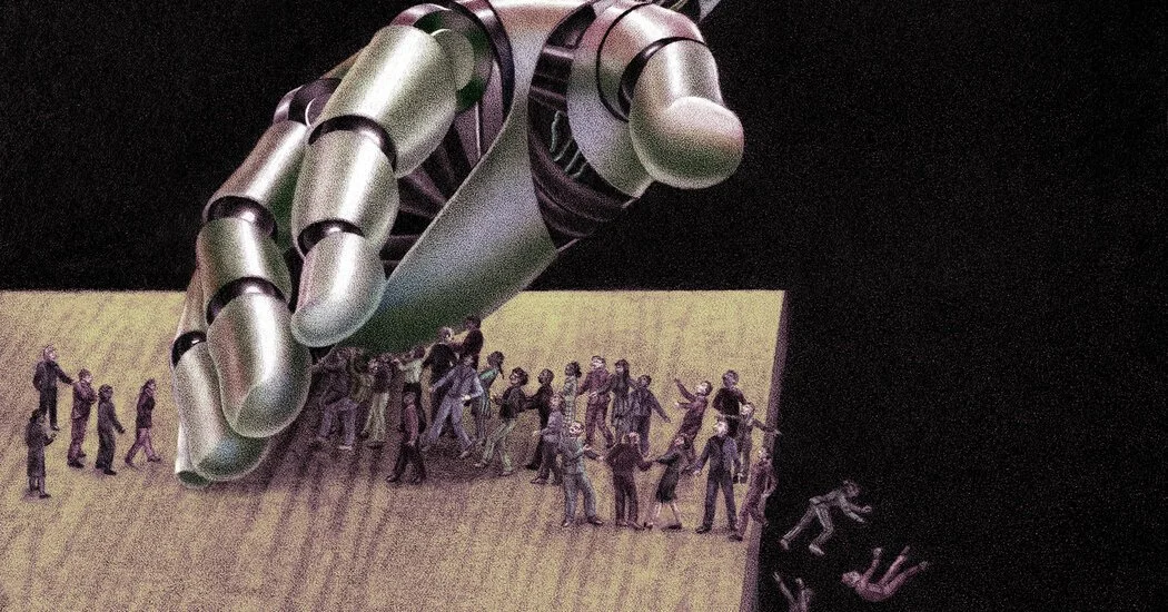 Illustration of a giant robotic hand pressing down on a crowd of people, causing chaos and panic.