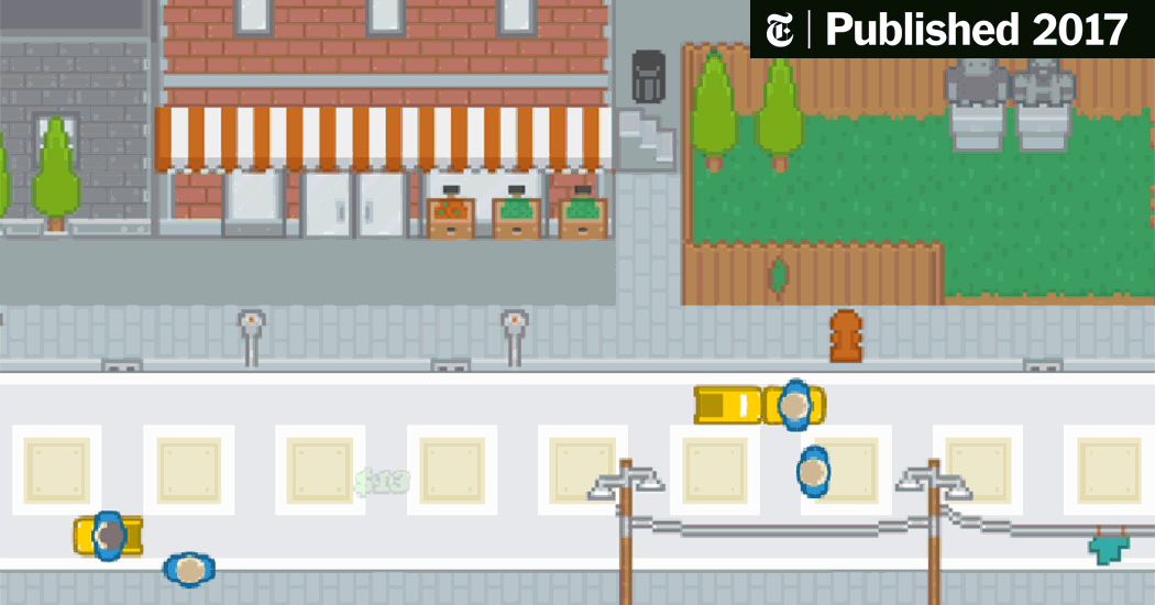 Pixel art image of a street scene with storefronts, trees, parked bicycles, and vending machines, with a sidewalk and some sidewalk lamps.