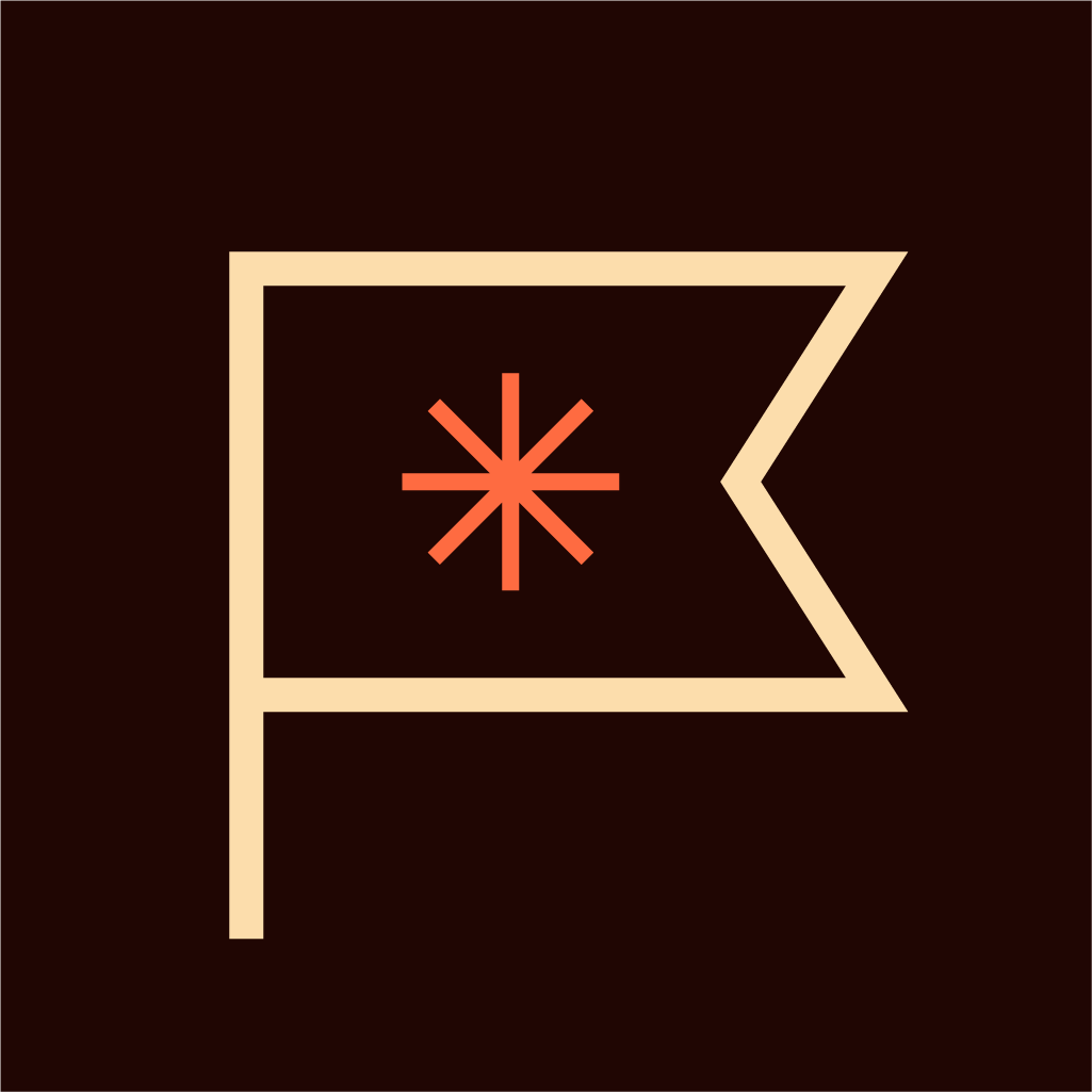 A stylized cream flag icon on a dark background with an orange star symbol in the center.