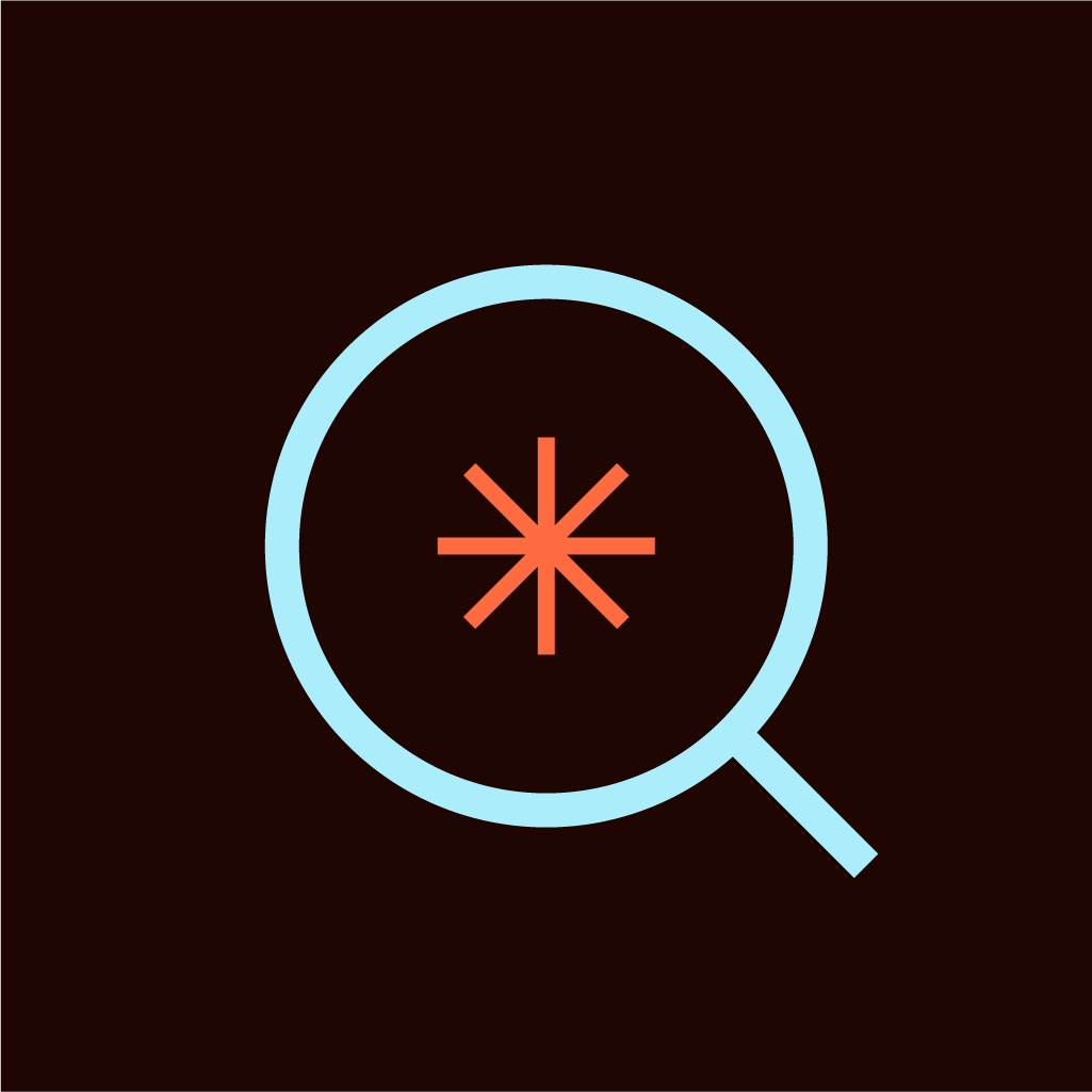 A stylized blue magnifying glass icon on a dark background with an orange star symbol in the center.