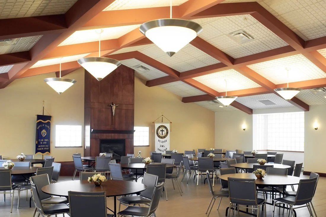 Round tables with chairs inside the church
