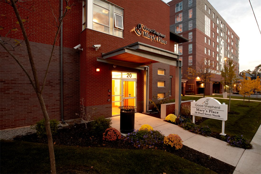 Good Shepherd building entrance - evening