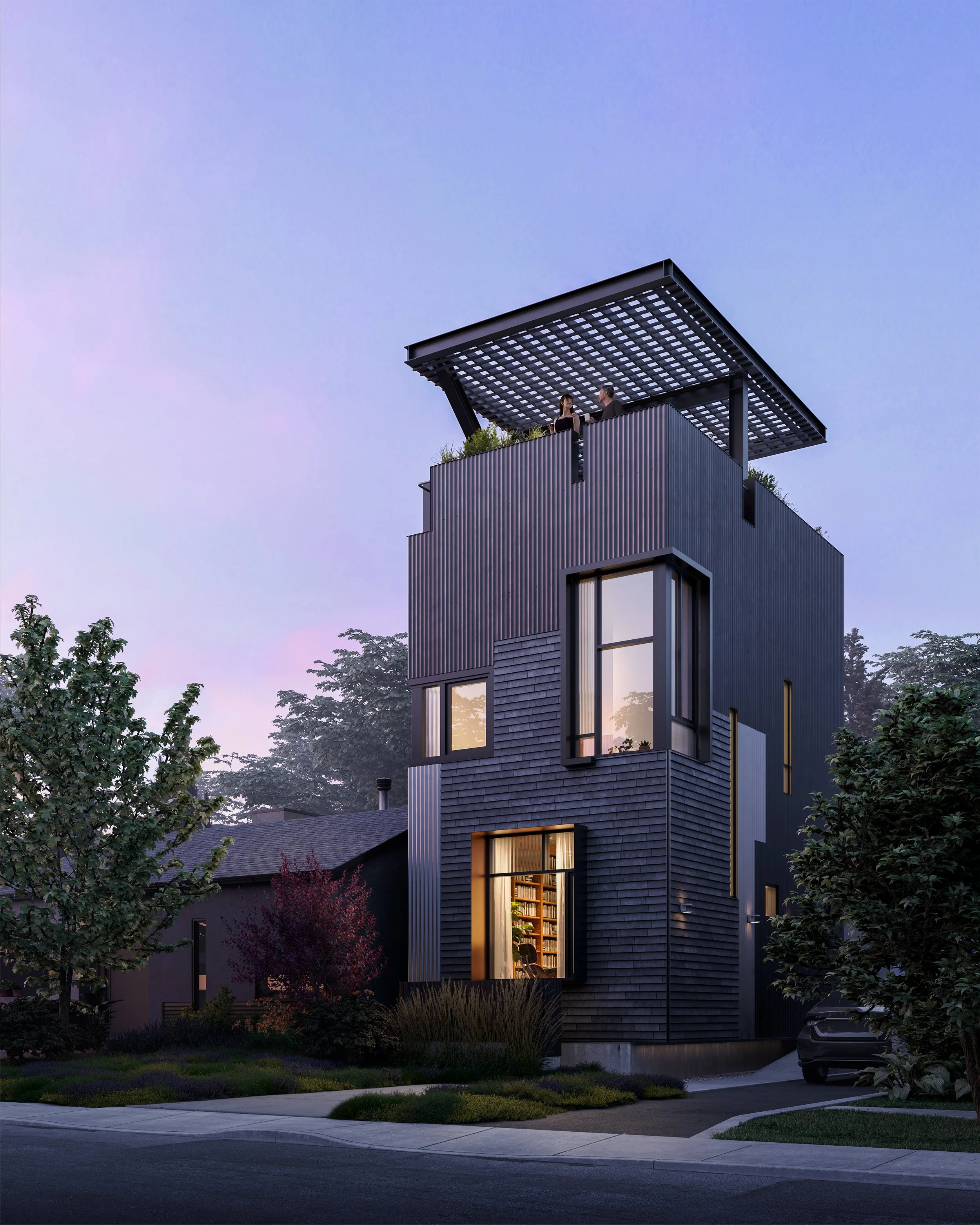 A black studio tower fused to a modern loft