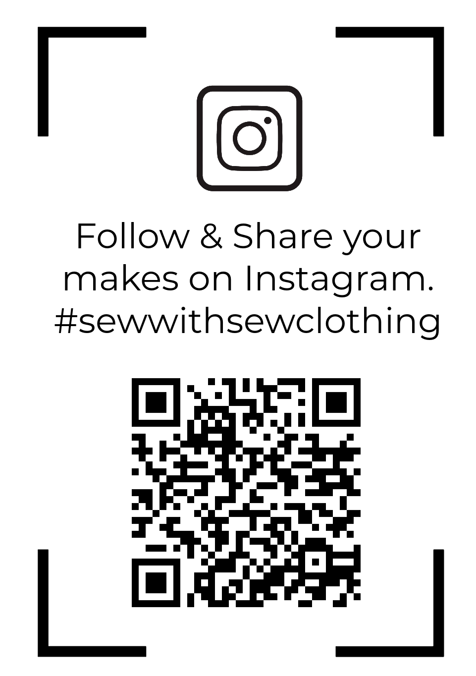 Instagram promotional QR code with text encouraging users to follow and share their makes with hashtag #sewwithsewclothing.