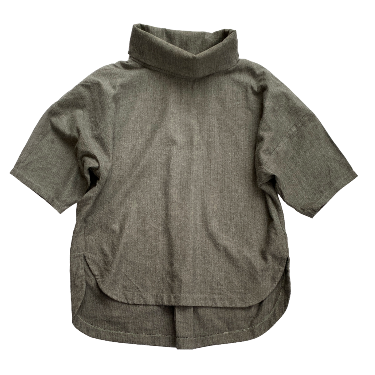 Gray short-sleeve funnel neck tunic, with a high collar, laid flat.  Made with the Blaine Funnel Neck Sewing Pattern from SewClothing.