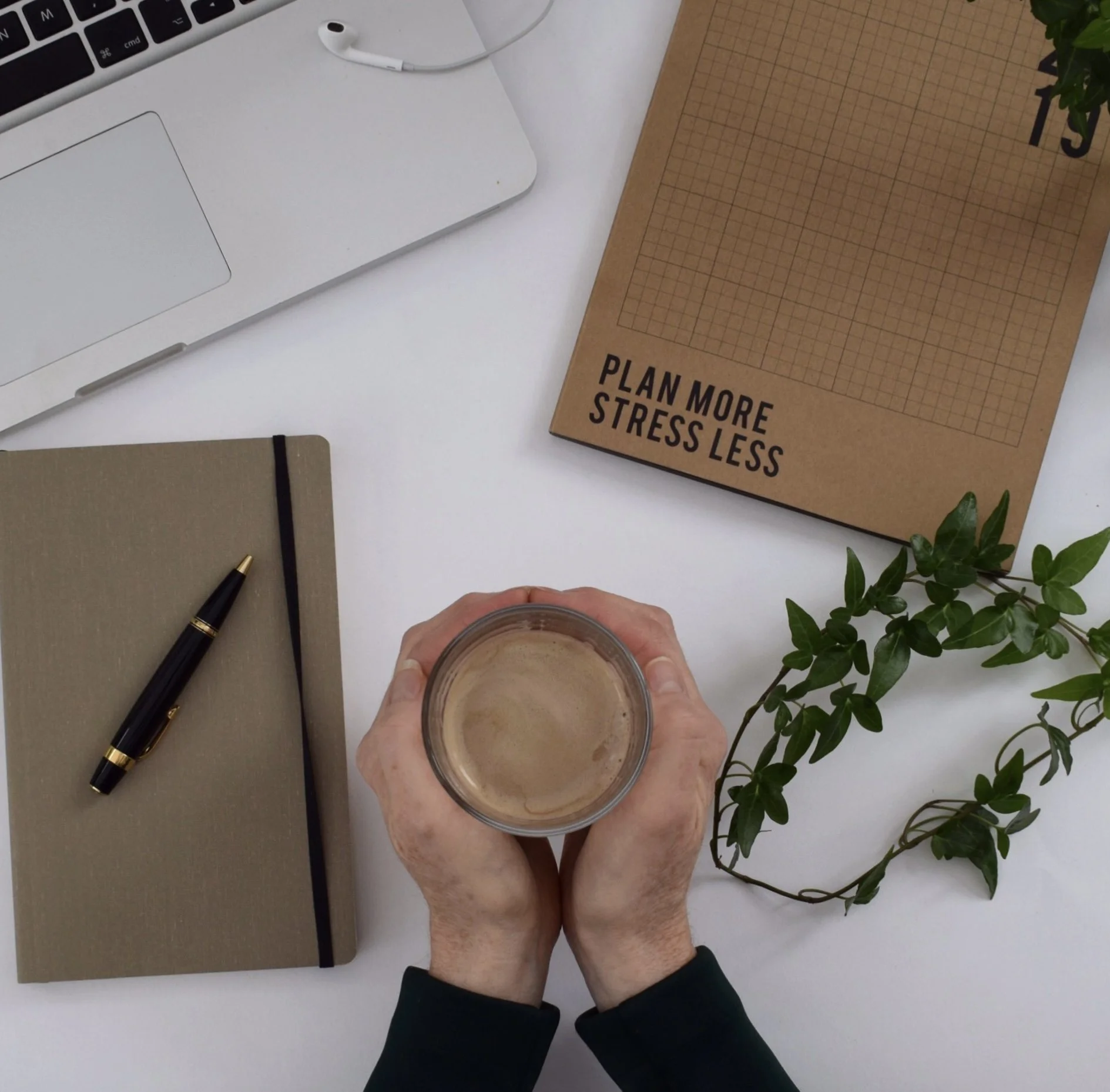 Coffee, planner, computer, sewclothing, sewing patterns, get in touch page.