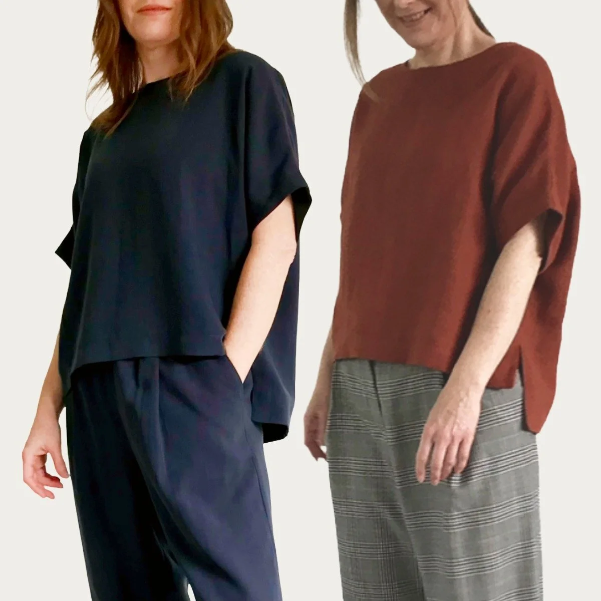 Two women wearing casual clothing, one in a navy top and matching pants, and the other in a rust-colored top with plaid pants, standing against a plain background.