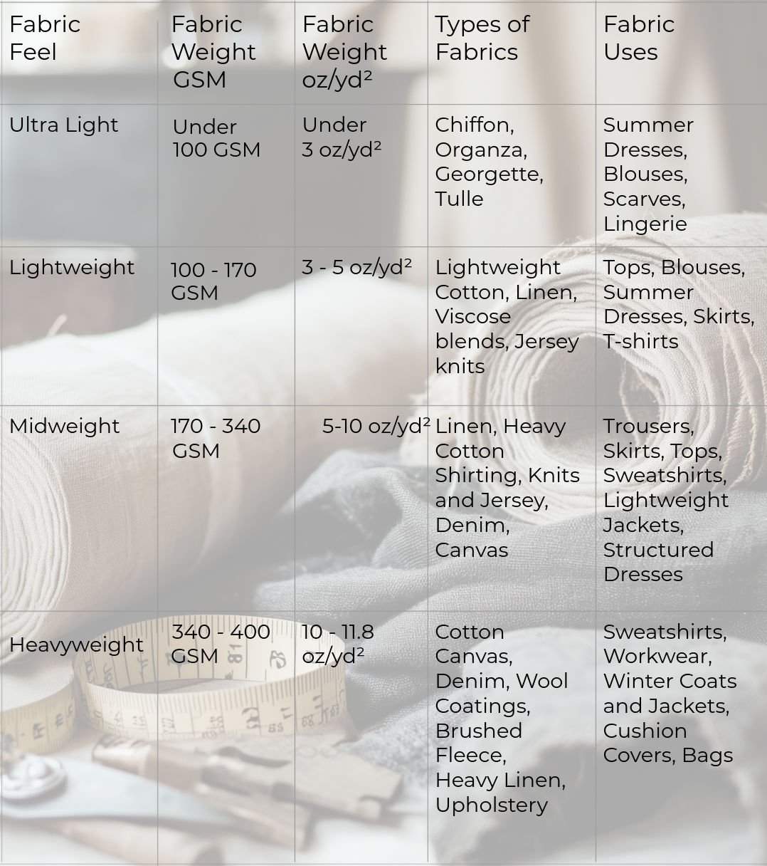 Table comparing fabric types, weights, and uses, with a background of fabric rolls and a measuring tape.