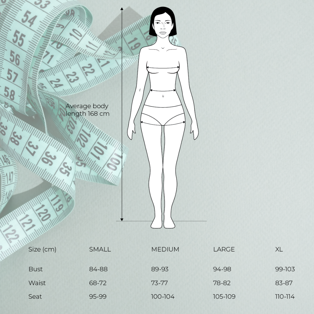 A diagram of a woman with measurements and size chart for small, medium, large, and XL sizes, showing bust, waist, and seat measurements. Background includes a measuring tape and indicates the average body length is 168 cm.
