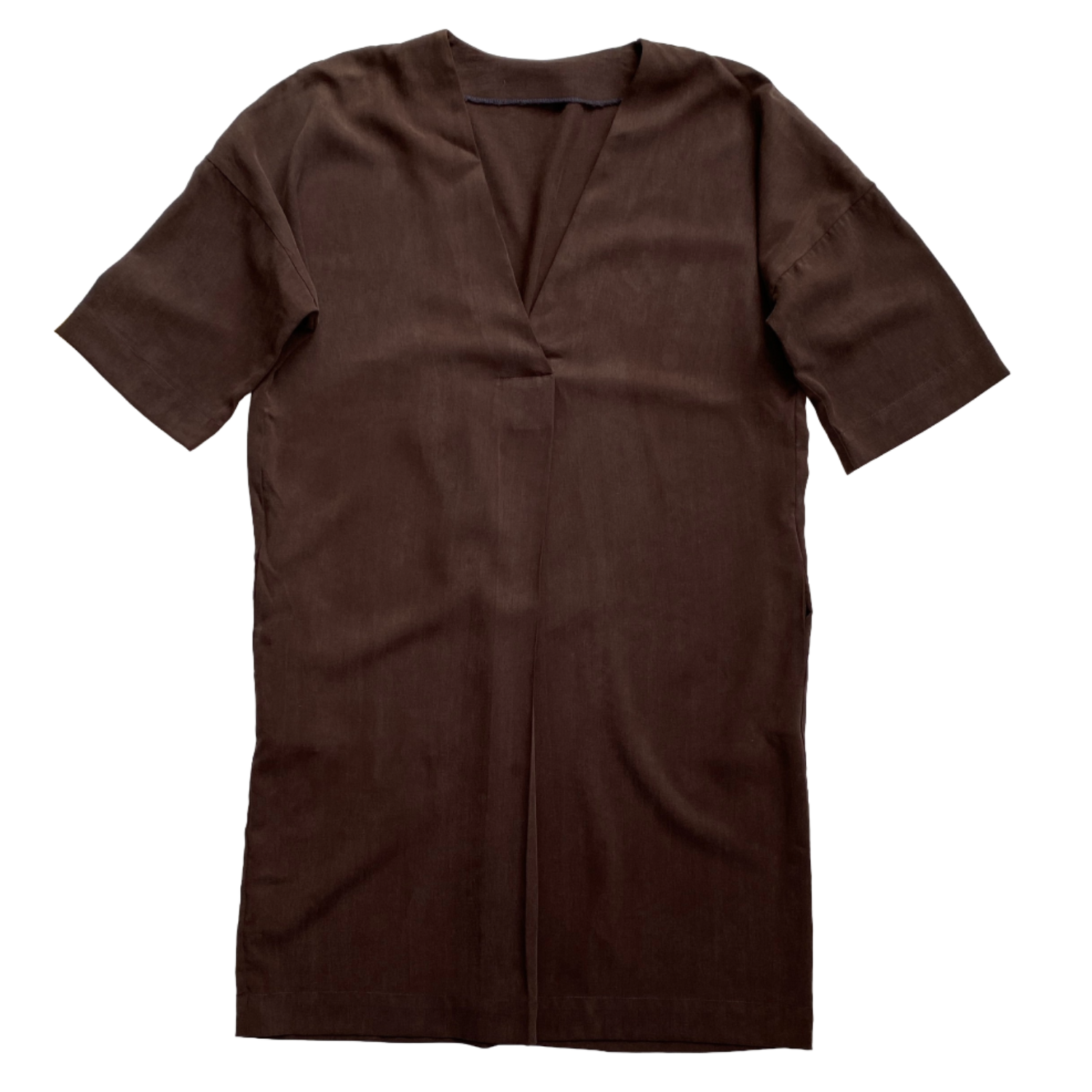 A brown, short-sleeved dress with a V-neck and front pleat, laid flat.   Made with the Ava Dress Sewing Pattern from SewClothing.