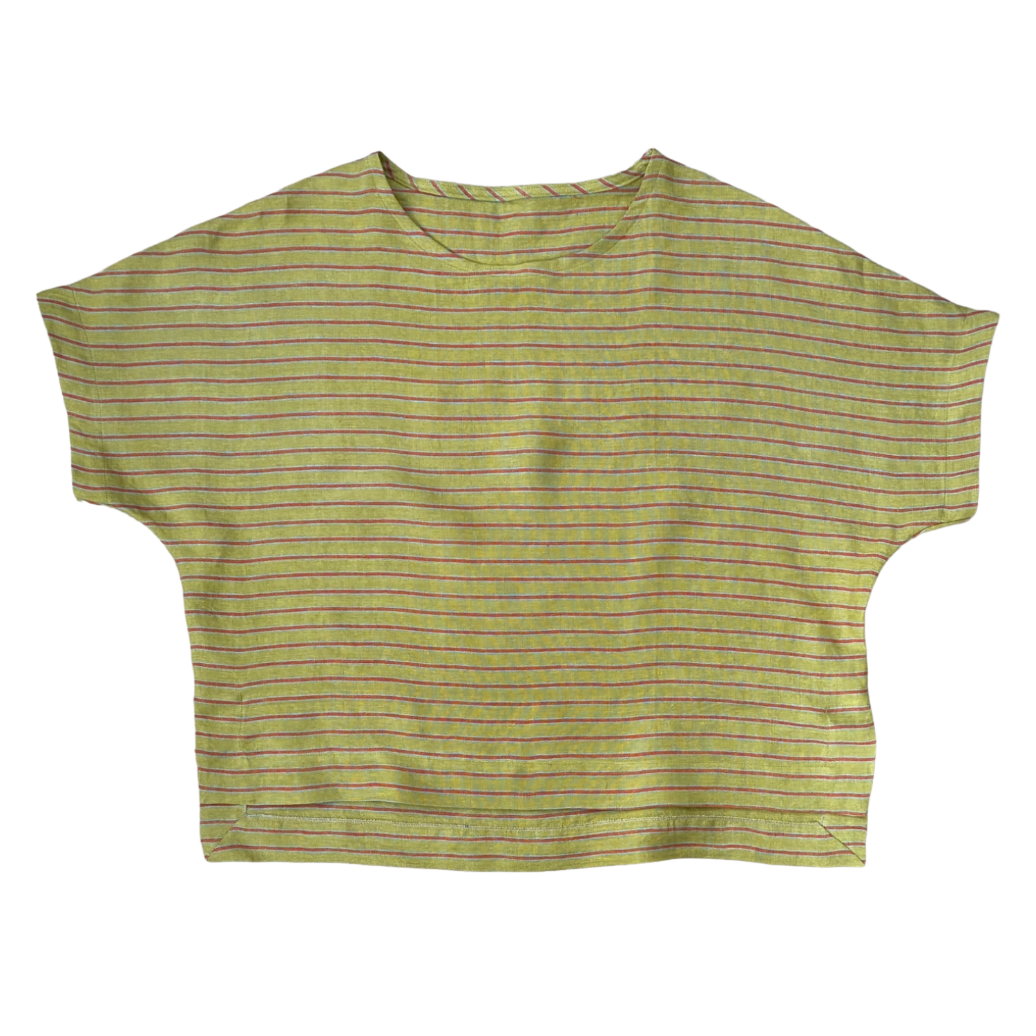A yellow striped linen top with a round neckline and short sleeves, laid flat.  Made with the Elena Top Sewing Pattern from SewClothing.
