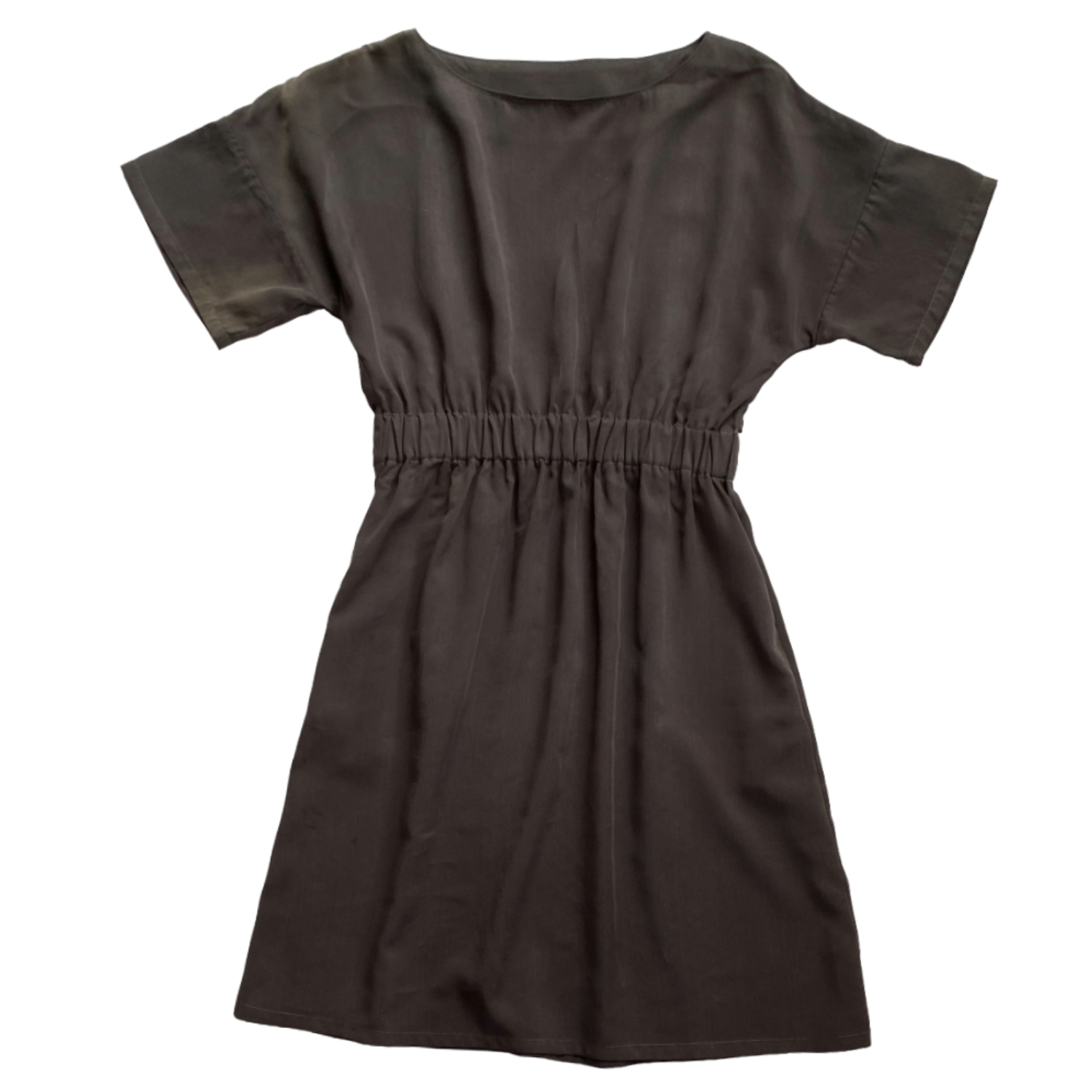 A knee-length, short sleeve, dark gray dress with a gathered waist and round neckline, laid flat.   Made with the Isla Dress Sewing Pattern from SewClothing.