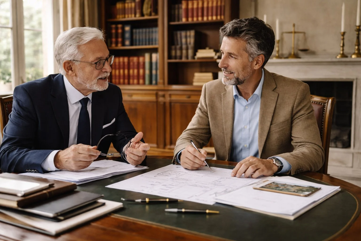 discussion entre professionnels autour de l'évaluation d'un bien immobilier dans le cadre d'un audit patrimonial destiné aux notaires et aux successions