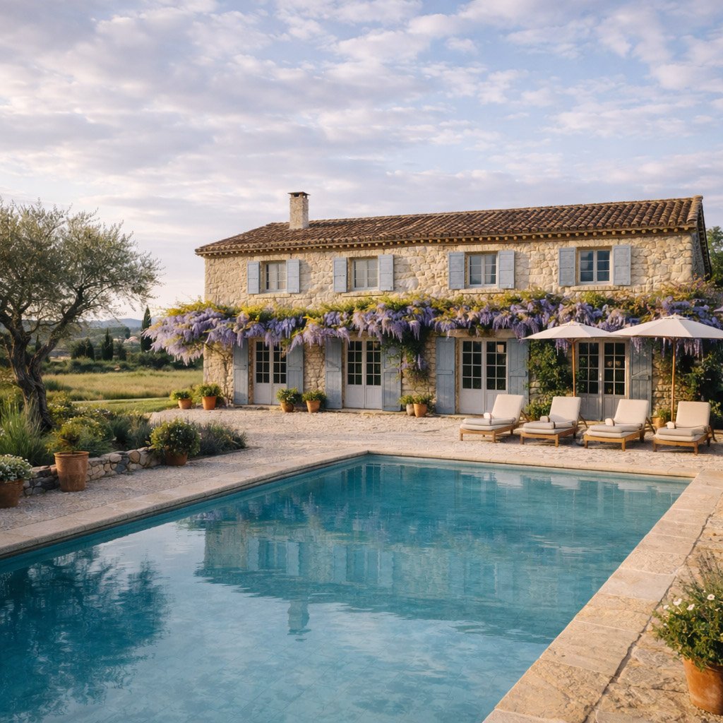 Propriété avec piscine illustrant l'évaluation de l'état réel d'un bien immobilier dans le cadre d'un audit patrimonial ou d'une succession