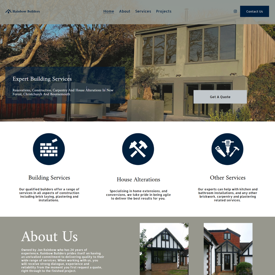 Screenshot of Rainbow Builders website homepage featuring navigation options, a header with a background image of a modern house, welcome message, three service categories with icons, and about us section with images of houses.