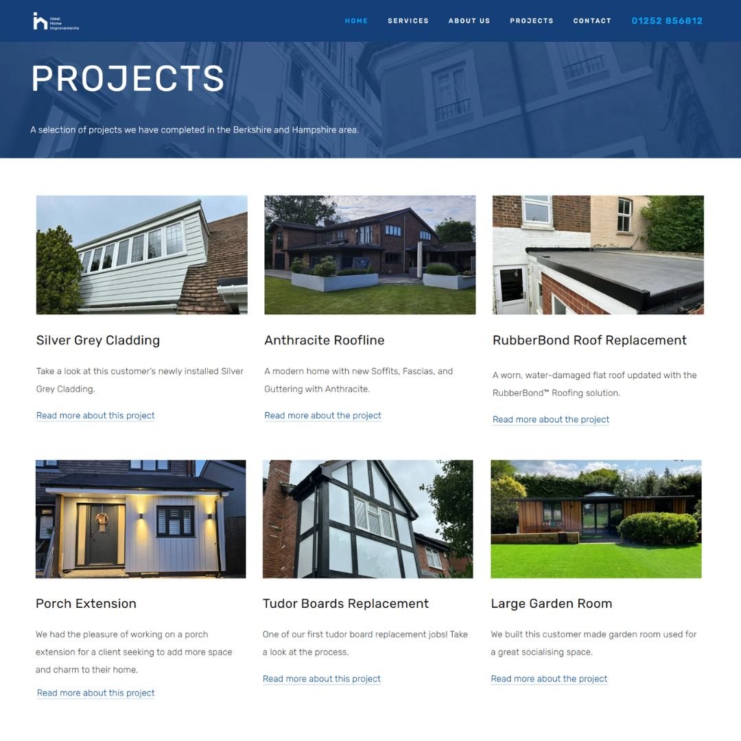 Screenshot of a webpage showcasing various home improvement projects, including images and descriptions of projects like Silver Grey Cladding, Anthracite Roofline, RubberBond Roof Replacement, Porch Extension, Tudor Boards Replacement, and Large Garden Room.