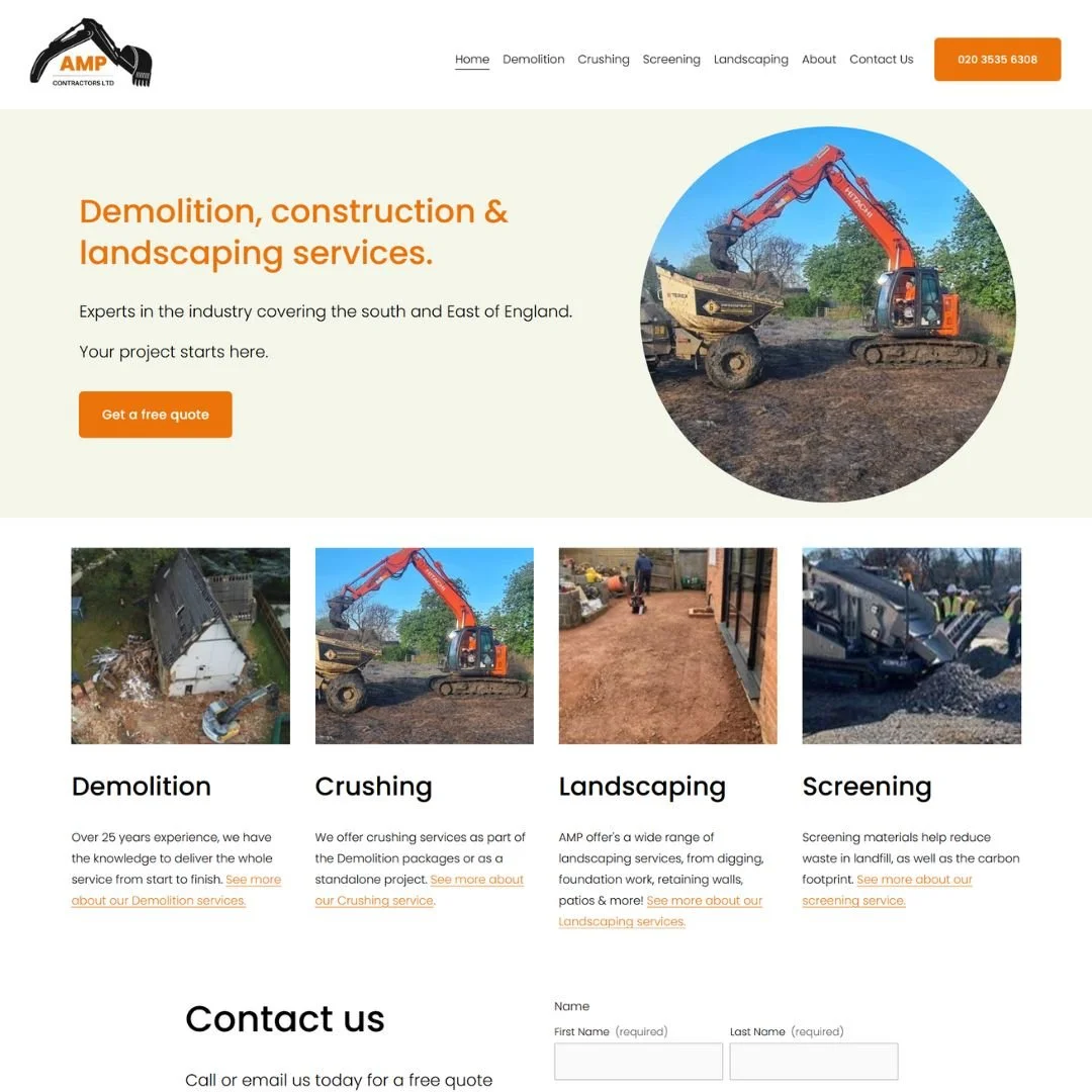 A website homepage for AMP Contractors Ltd. offering demolition, crushing, landscaping, and screening services. The page features a header with contact info, a large circular photo of an excavator working on a construction site, and smaller images illustrating different services. Text highlights expertise and offers a free quote.