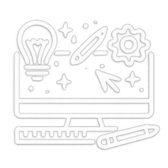 A chalkboard or digital screen displaying a light bulb, a pen, a gear, and various stars with a ruler and a pen at the bottom, representing creativity and design concepts.