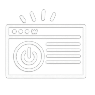 Simplified line drawing of a computer screen with a power button icon and lines of text or icons, suggesting a website or software interface.