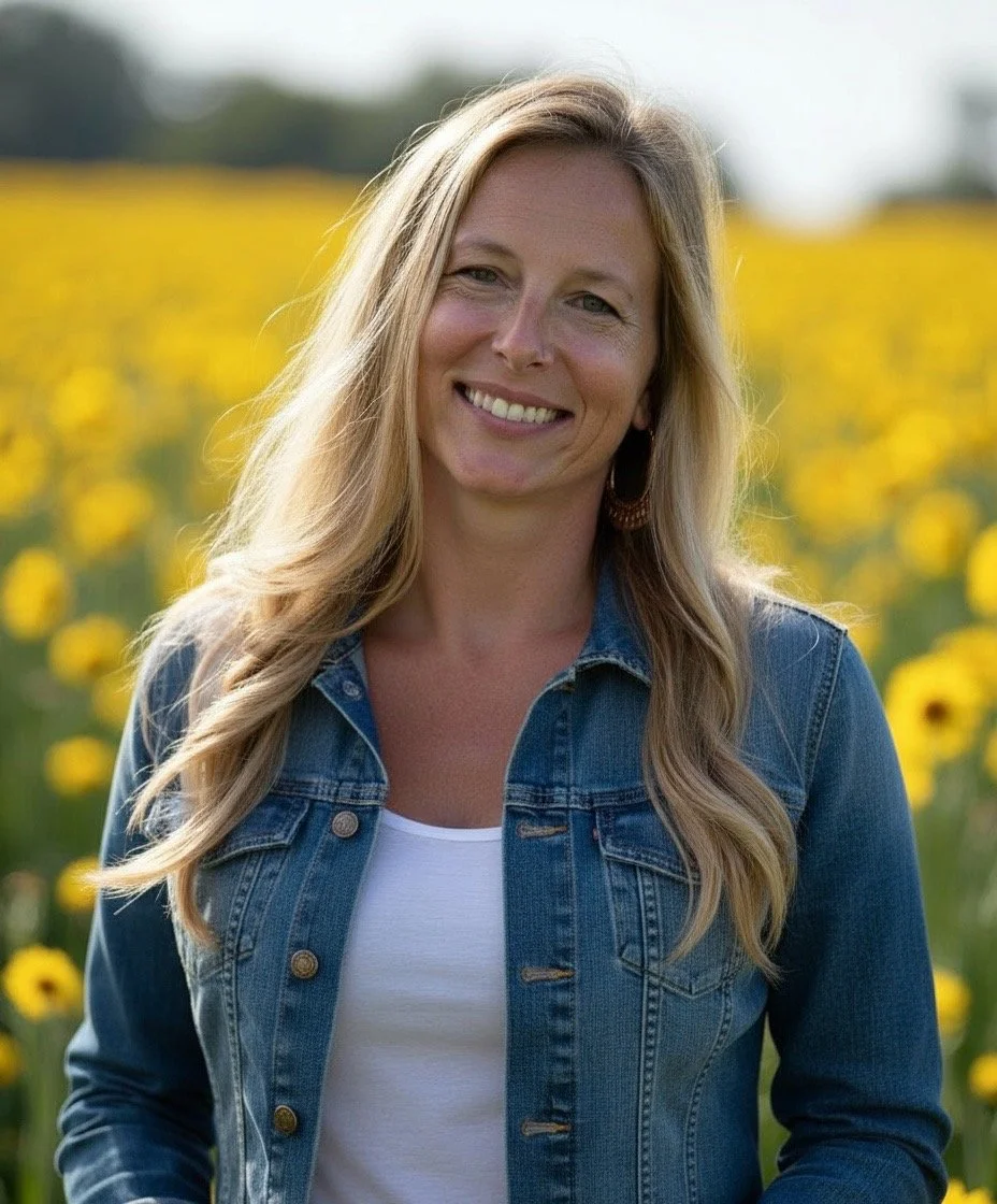 A woman with long blonde hair smiling outdoors in a field of yellow flowers, wearing a denim jacket and a white shirt.