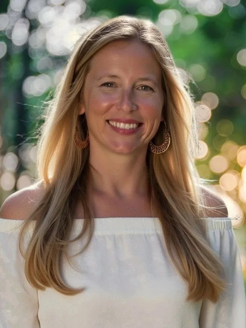 A woman with long blonde hair, wearing a white off-shoulder top and large circular earrings, smiling outdoors with blurred green trees and sunlight in the background.