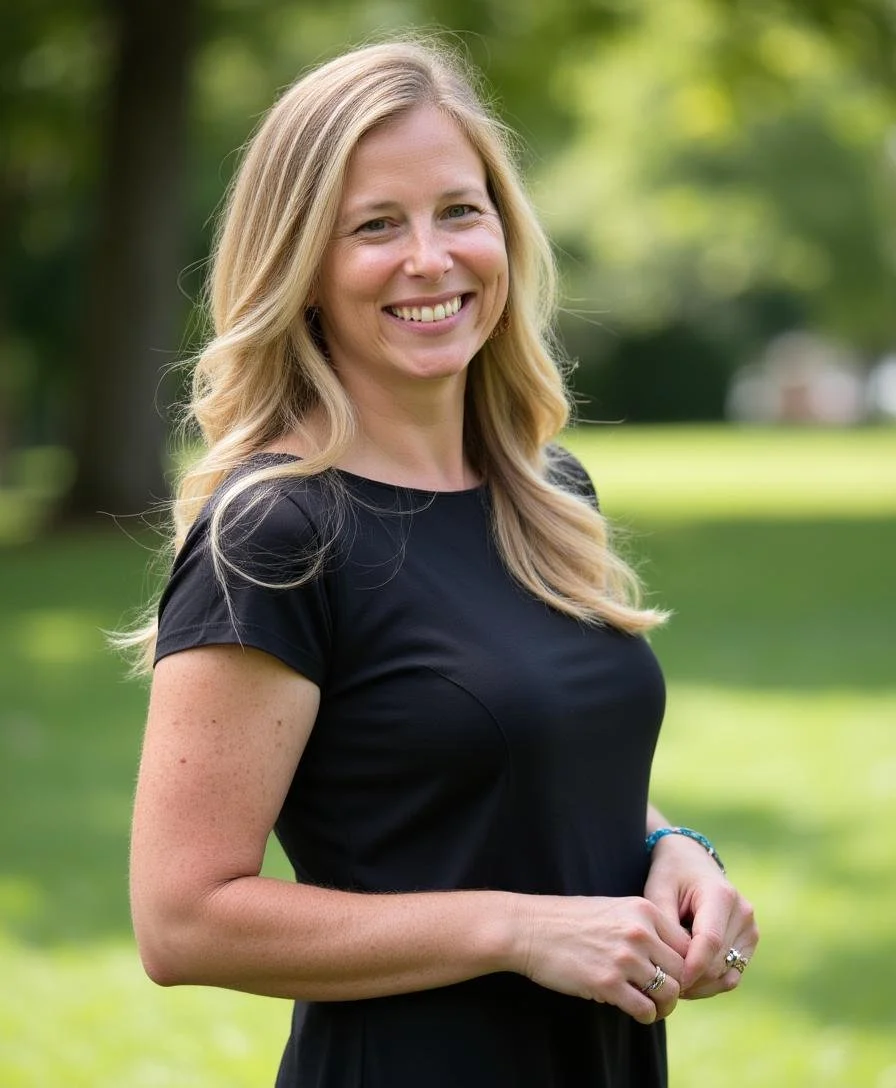 A woman with blonde hair smiling outdoors on a sunny day, wearing a black short-sleeved shirt, in a green park setting.
