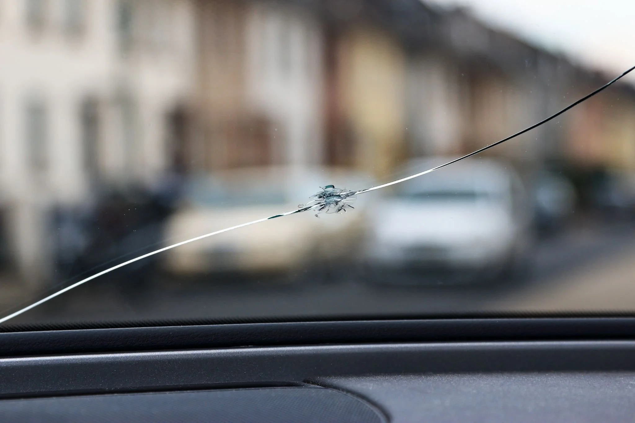 Car windshield with a spider web crack and a bug in the center.