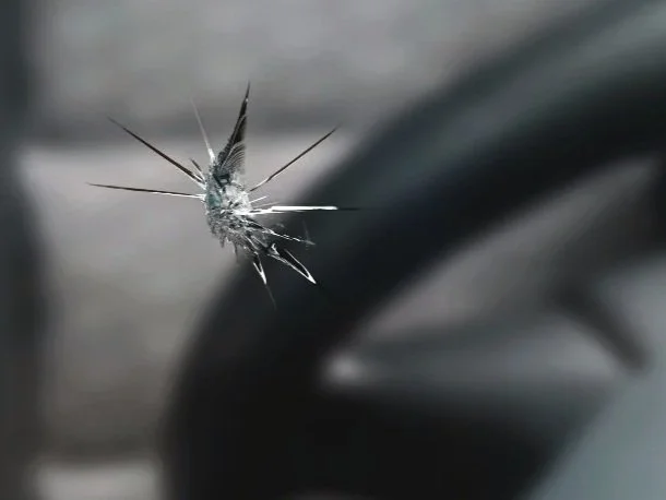 Close-up of a shattered car window with a crack radiating from the point of impact.