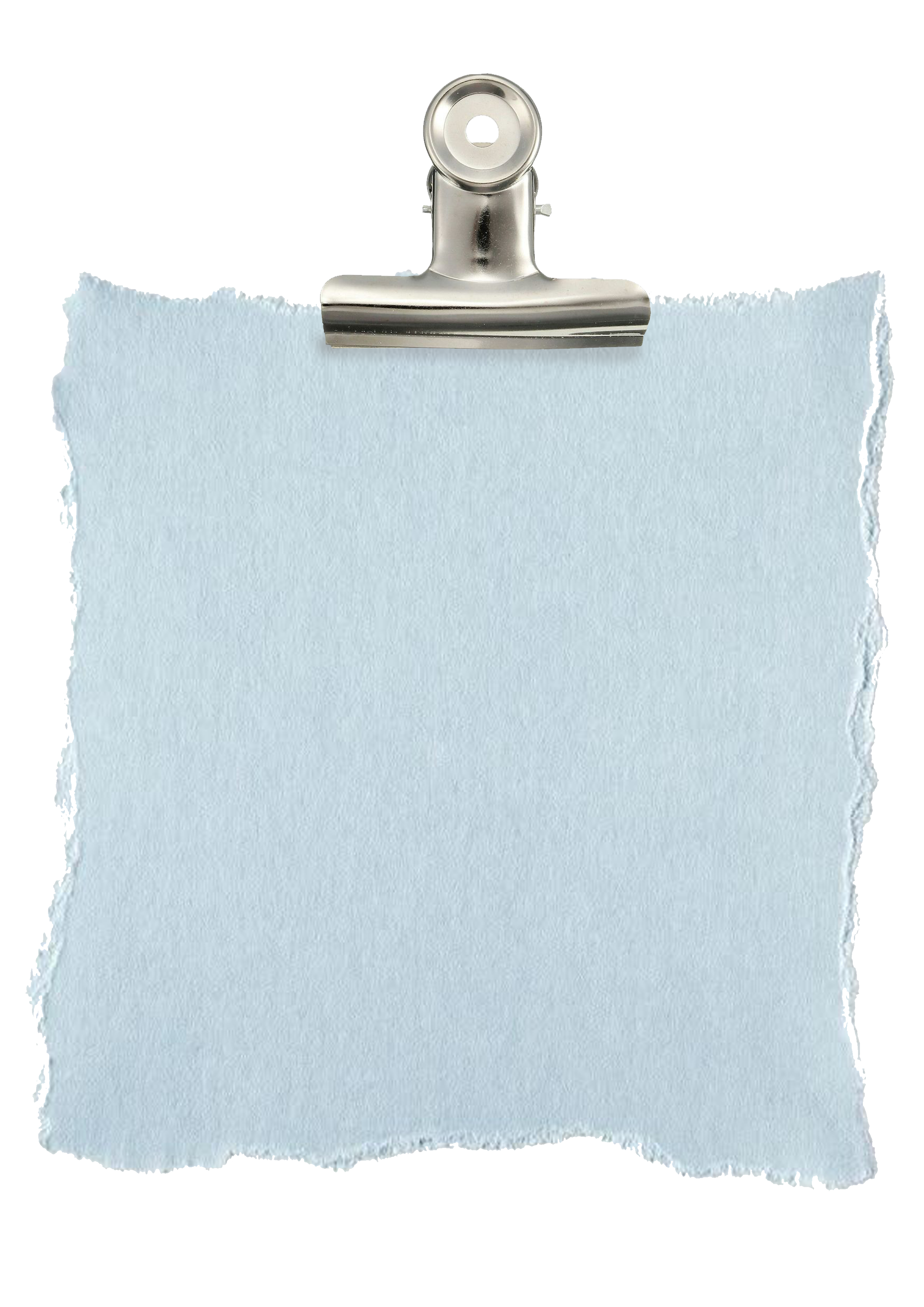 Close-up of a silver clipboard clip holding a torn piece of light blue paper.