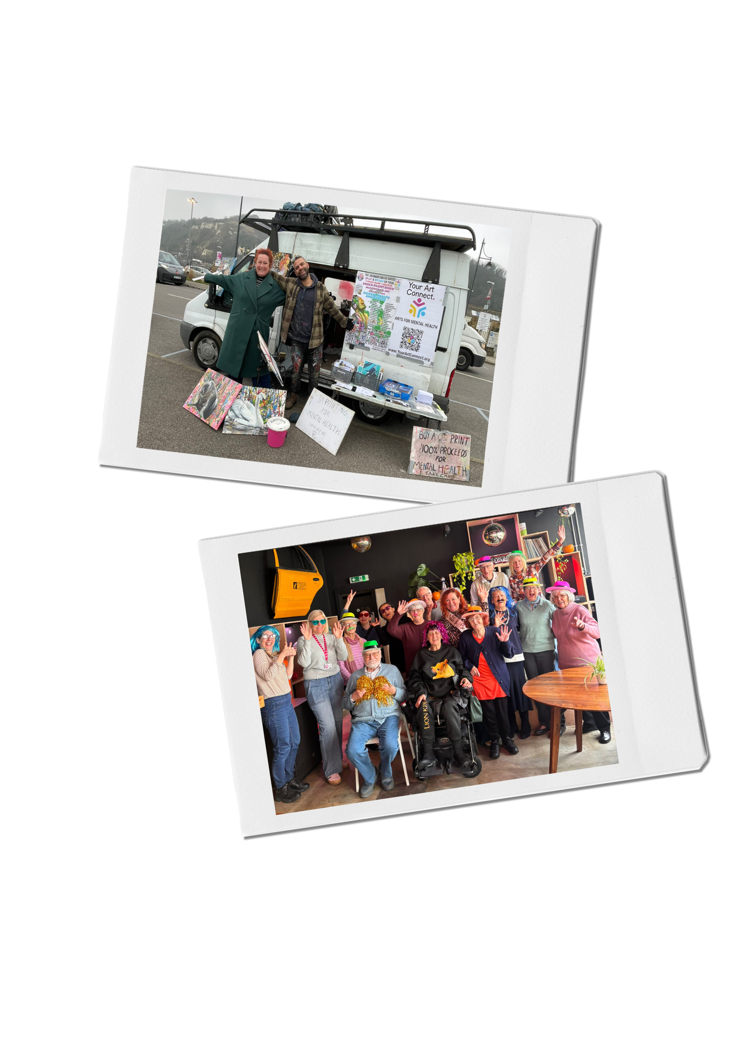 Two people standing outside a van decorated with posters, arts, and signs advocating for mental health awareness, in a parking lot; they are smiling and appear cheerful.