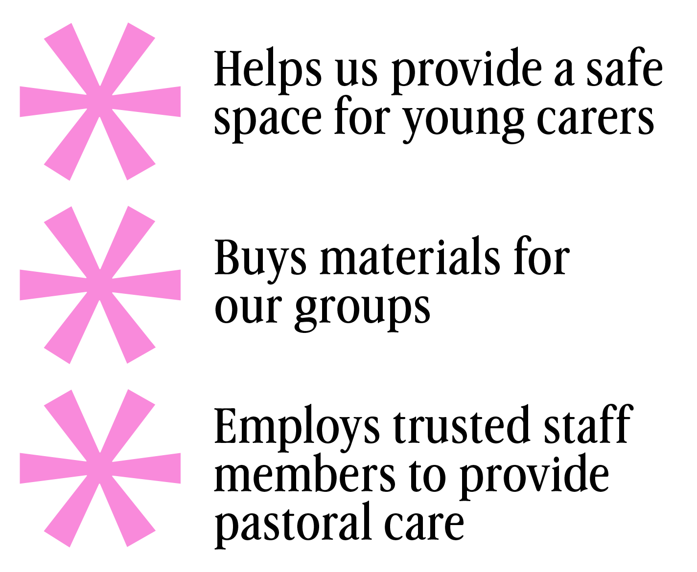 Three pink asterisk symbols aligned vertically on the left side of the image, each next to a line of black bold and regular text. The text reads from top to bottom: "Helps us provide a safe space for young carers," "Buys materials for our groups," and "Employs trusted staff members to provide pastoral care."