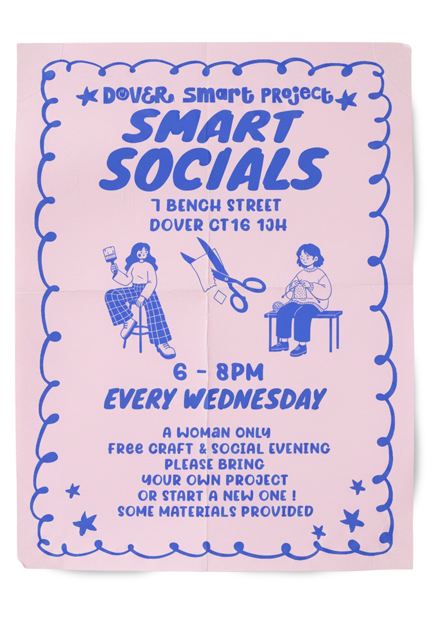 Pink flyer for Dover's Smart Project offering free craft and social evenings for women every Wednesday from 6 to 8 PM at 7 Bench Street, Dover, with illustrations of two women, scissors, and craft supplies.