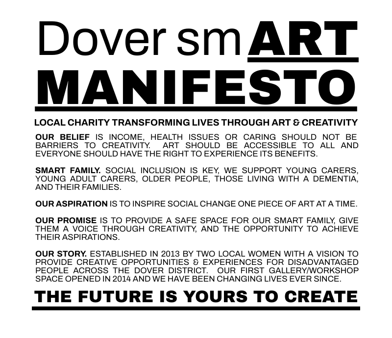 Dover SmART Manifesto poster with bold black and underlined text emphasizing art, community, and social inclusion goals.