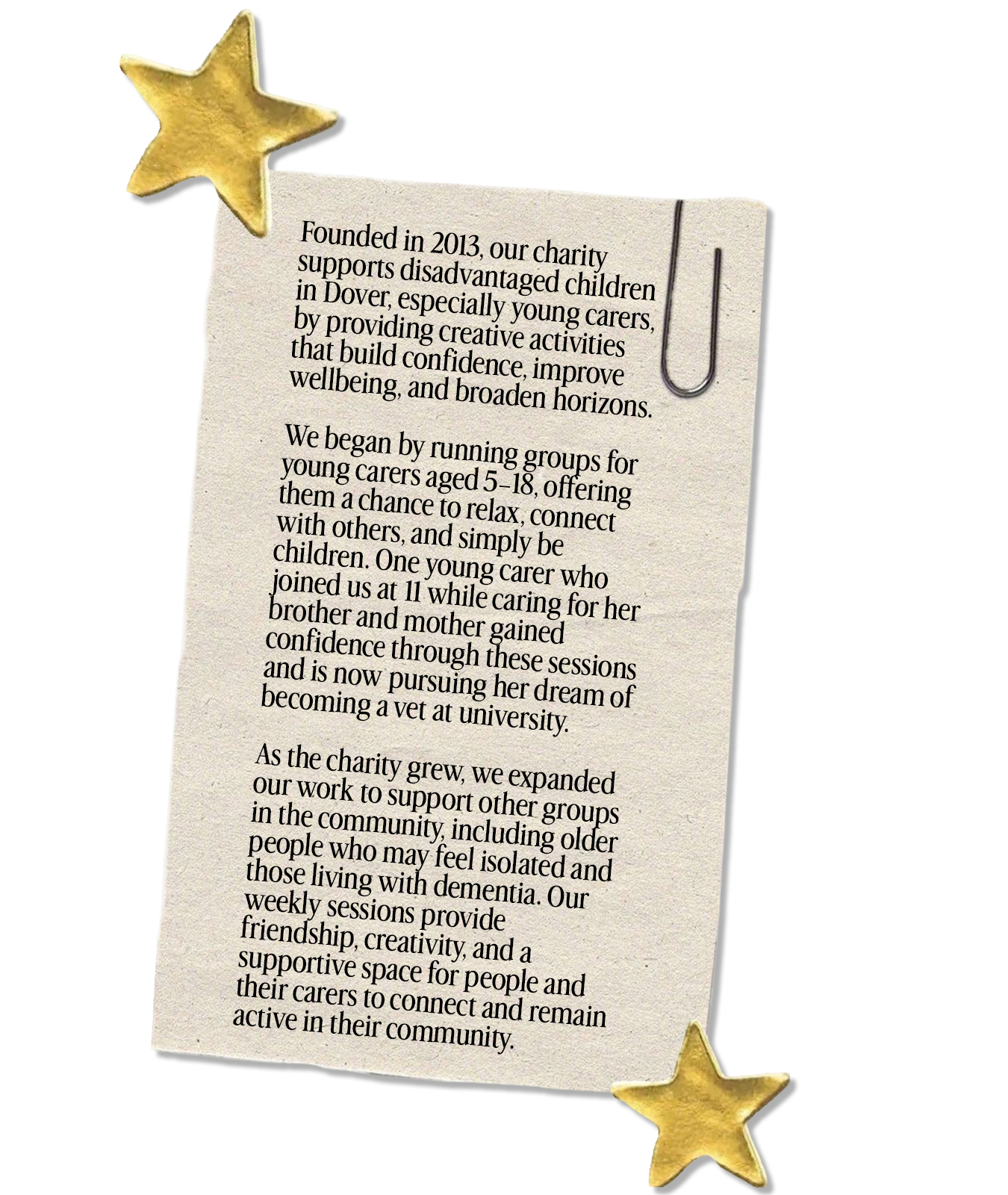 A piece of paper with charity information, decorated with gold star-shaped clips at the top left and bottom right corners.