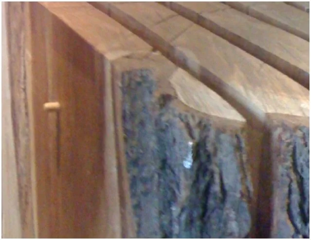 Close-up of a wooden table with a rustic, edge-on view showing natural wood grain and rough bark on the sides.