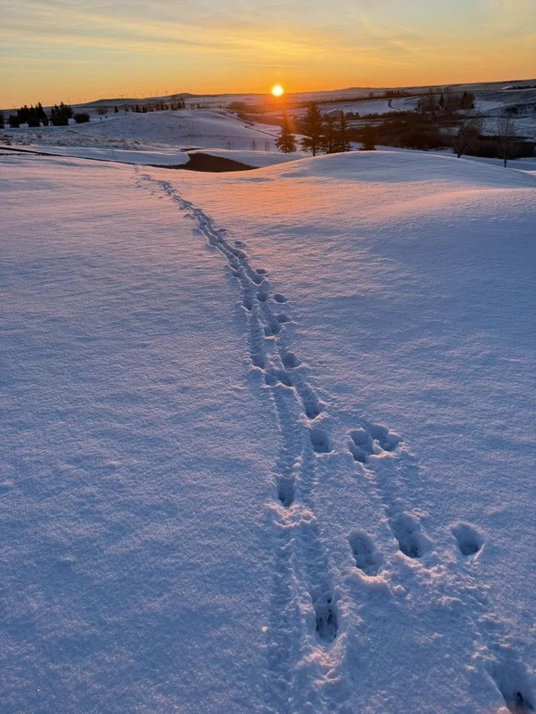 Snow-covered landscape at sunset with animal tracks leading into the distance and a few trees on the horizon.