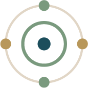 A diagram of a stylized atom with a central nucleus and orbiting electrons.