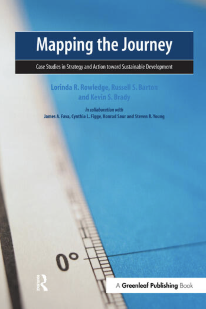 Cover of a book titled 'Mapping the Journey: Case Studies in Strategy and Action Toward Sustainable Development' by Lorinda R. Rowladge, Russell S. Barton, and Kevin S. Brady, published by Greenleaf Publishing. The cover features a blue background and partial image of a map or chart with a scale and degree markings.